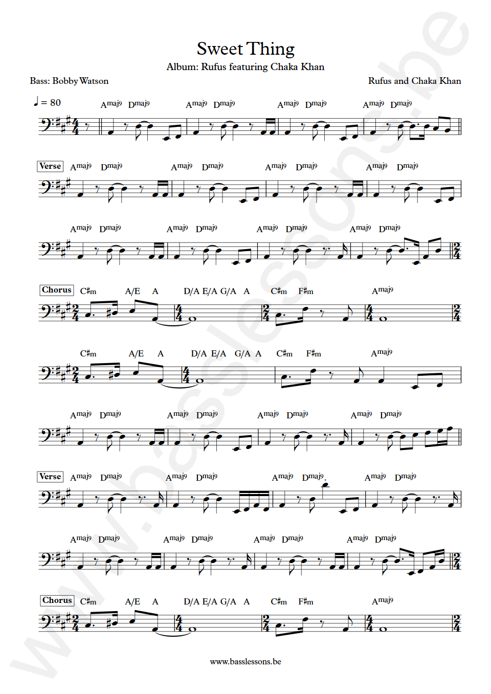 Rufus and Chaka Khan Sweet Thing Bobby Watson Bass Transcription