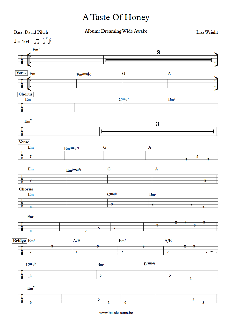 Lizz Wright A Taste Of Honey David Piltch Bass Tab